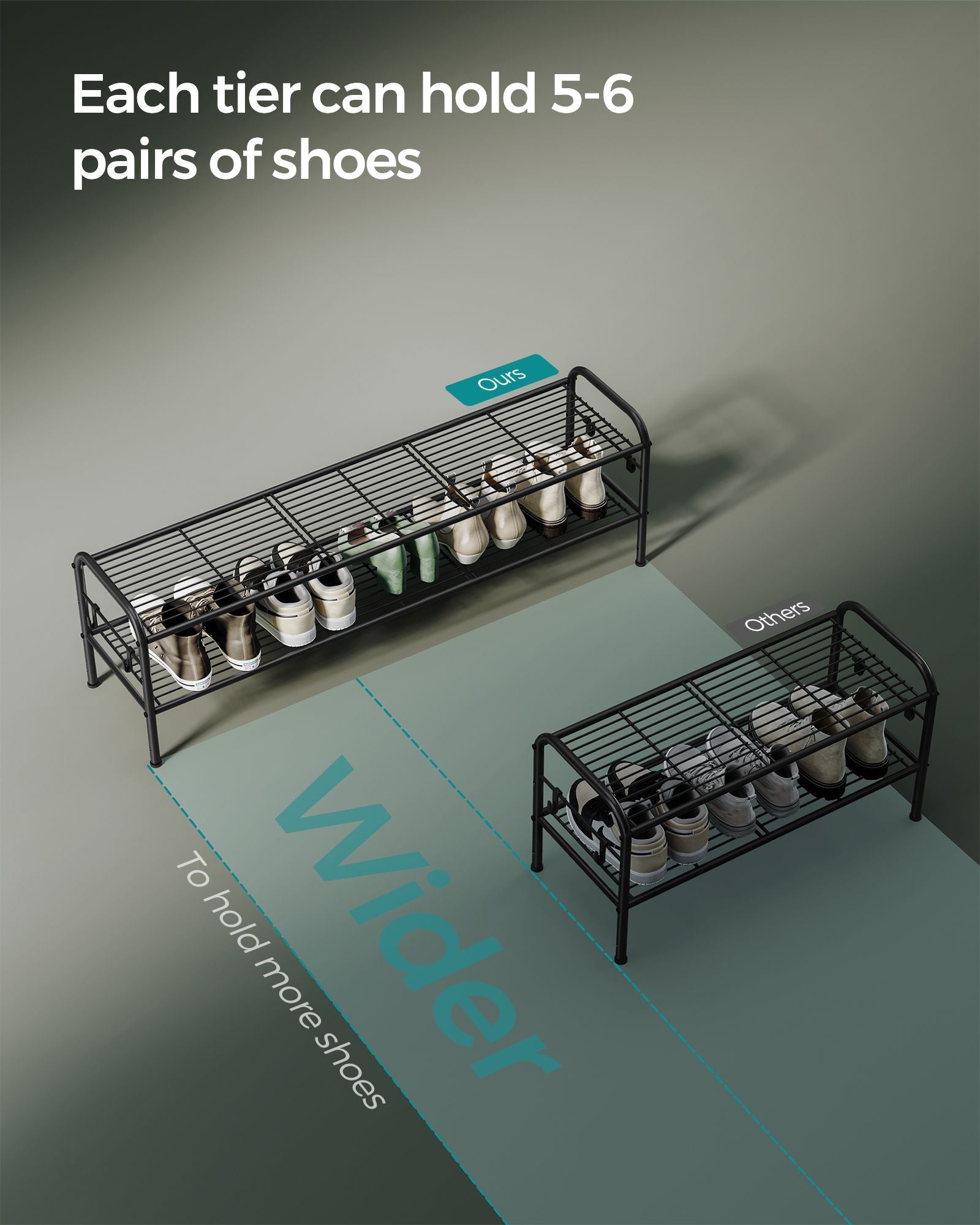 Shoe Rack – Metal – Ink Black – 2-Tier Design with 4 Hooks, Holds 12 Pairs