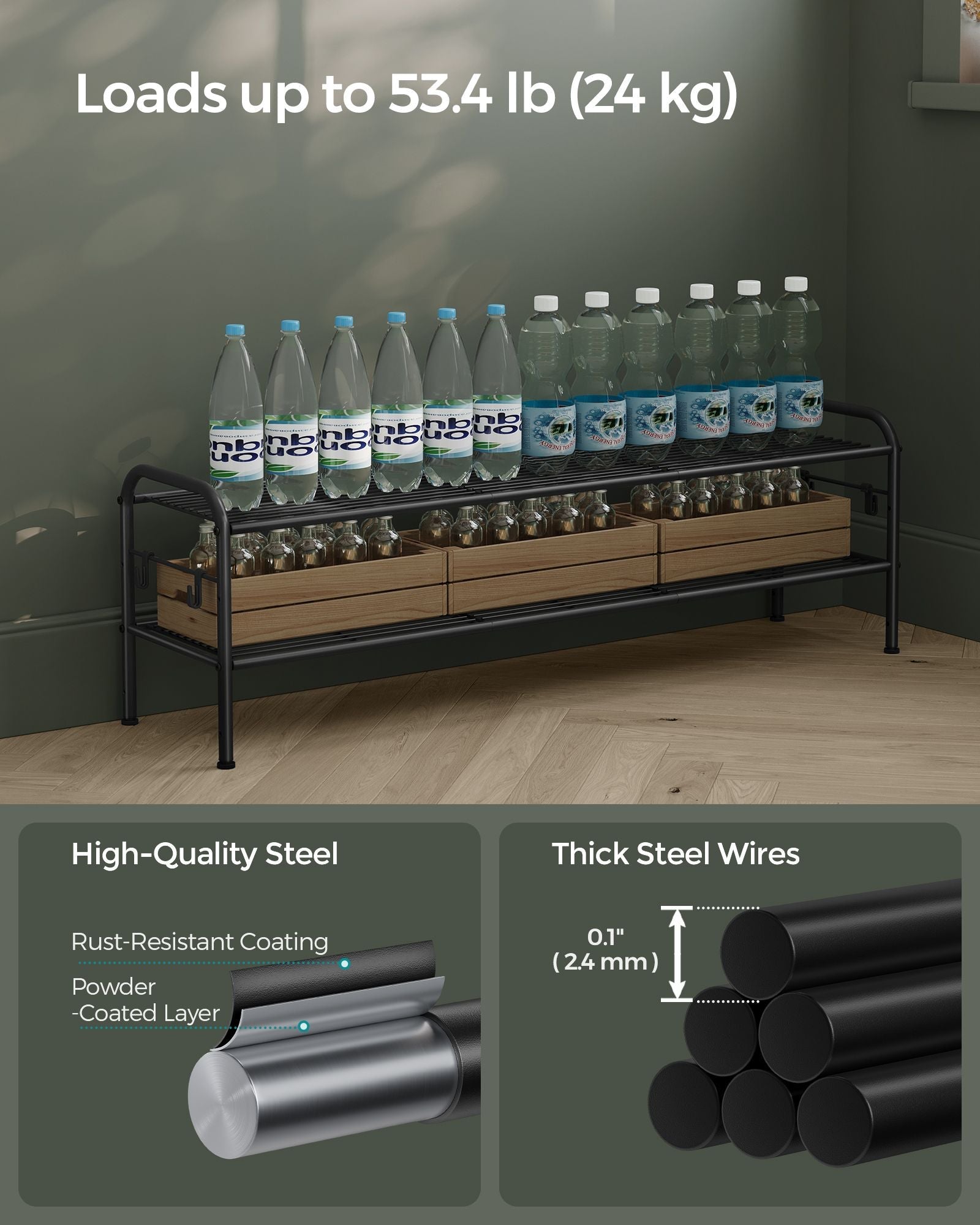 Shoe Rack – Metal – Ink Black – 2-Tier Design with 4 Hooks, Holds 12 Pairs