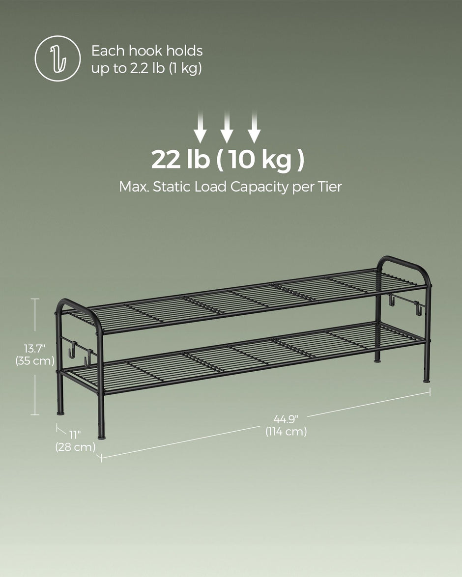 Shoe Rack – Metal – Ink Black – 2-Tier Design with 4 Hooks, Holds 12 Pairs