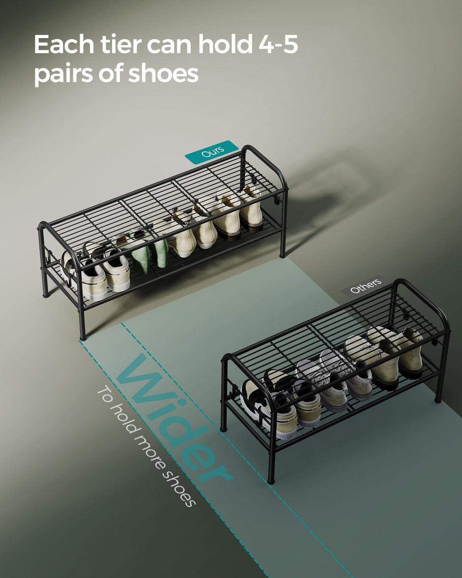 2-Tier Metal Shoe Rack – Ink Black – Height-Adjustable – 4 Hooks