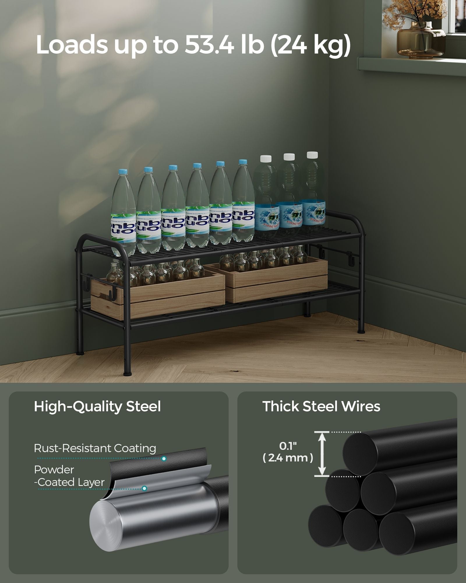 2-Tier Metal Shoe Rack – Ink Black – Height-Adjustable – 4 Hooks