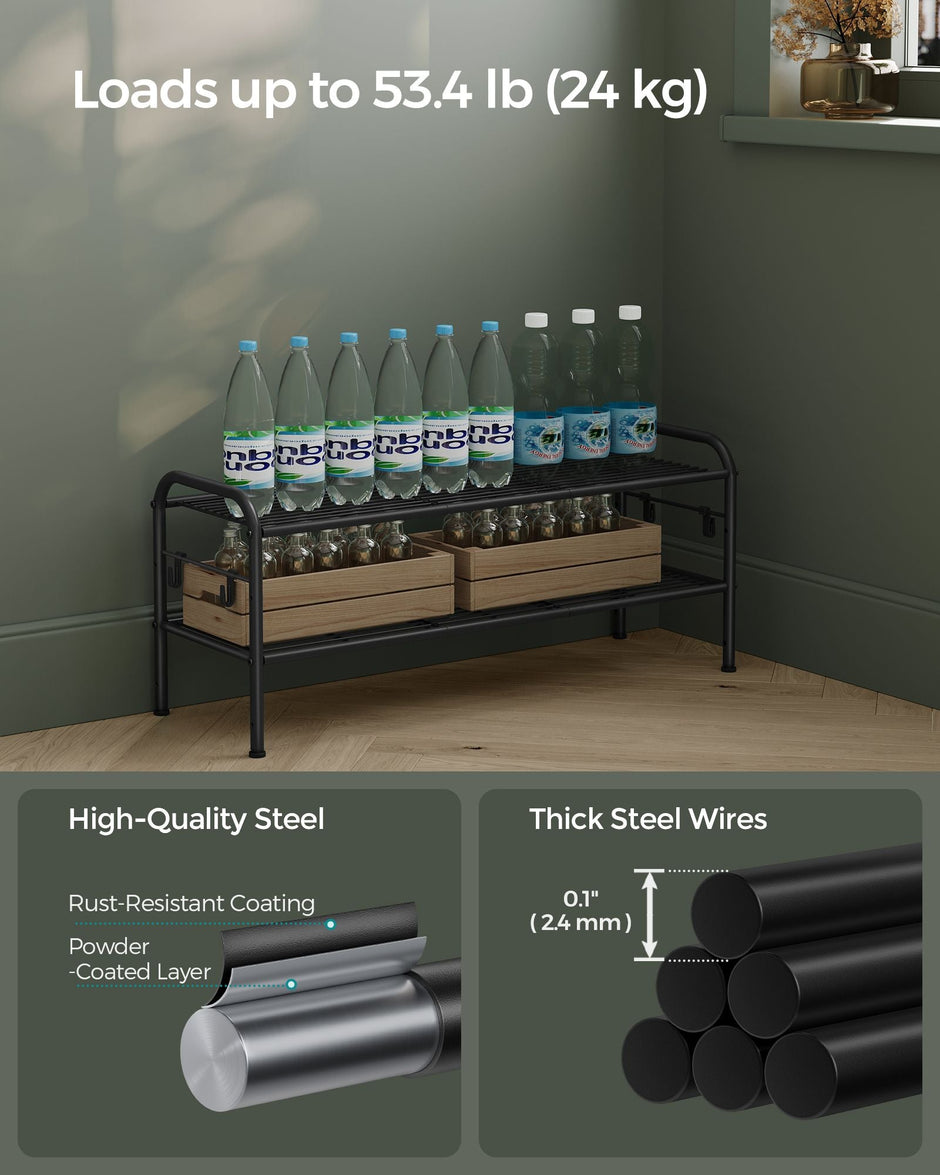 2-Tier Metal Shoe Rack – Ink Black – Height-Adjustable – 4 Hooks