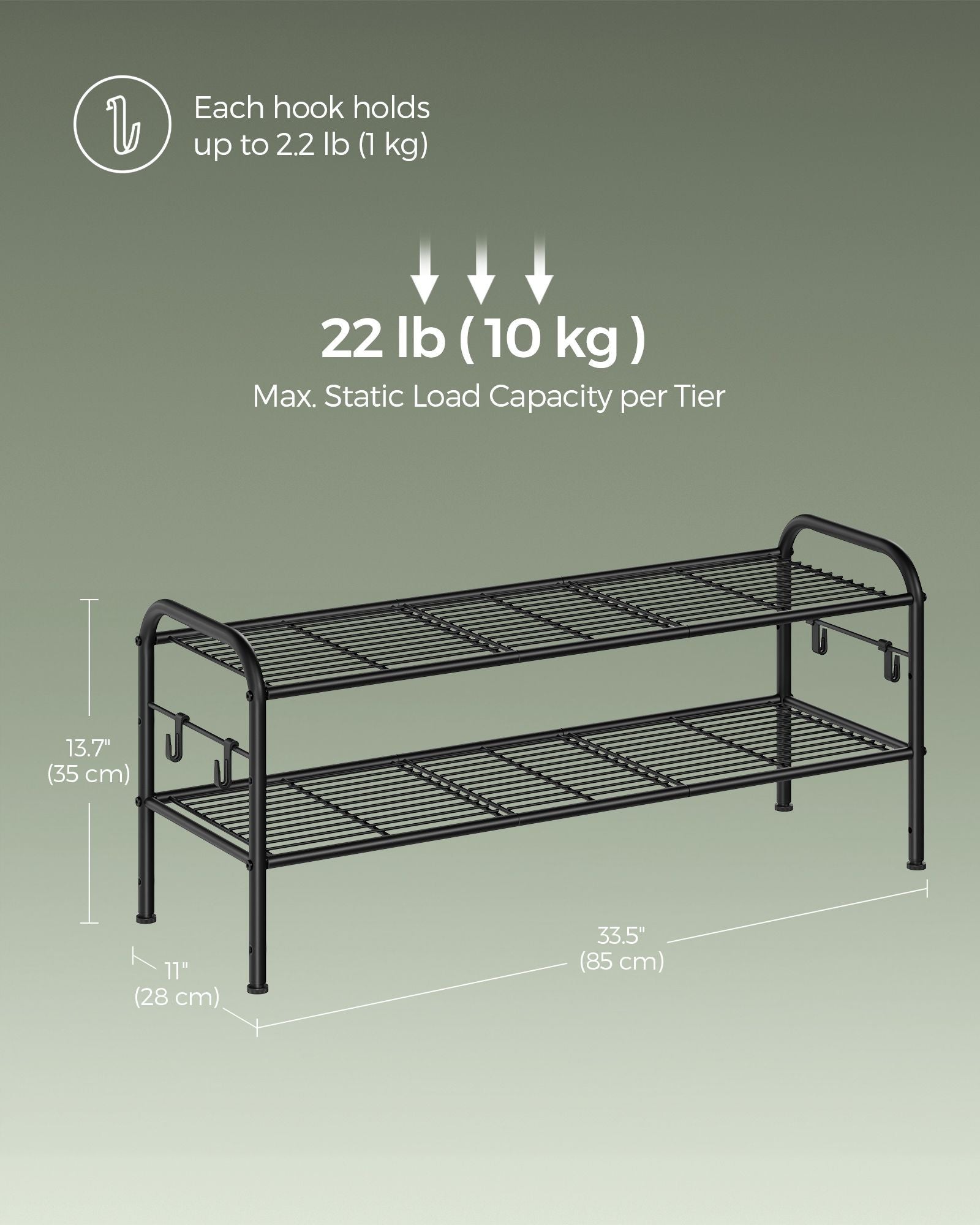 2-Tier Metal Shoe Rack – Ink Black – Height-Adjustable – 4 Hooks