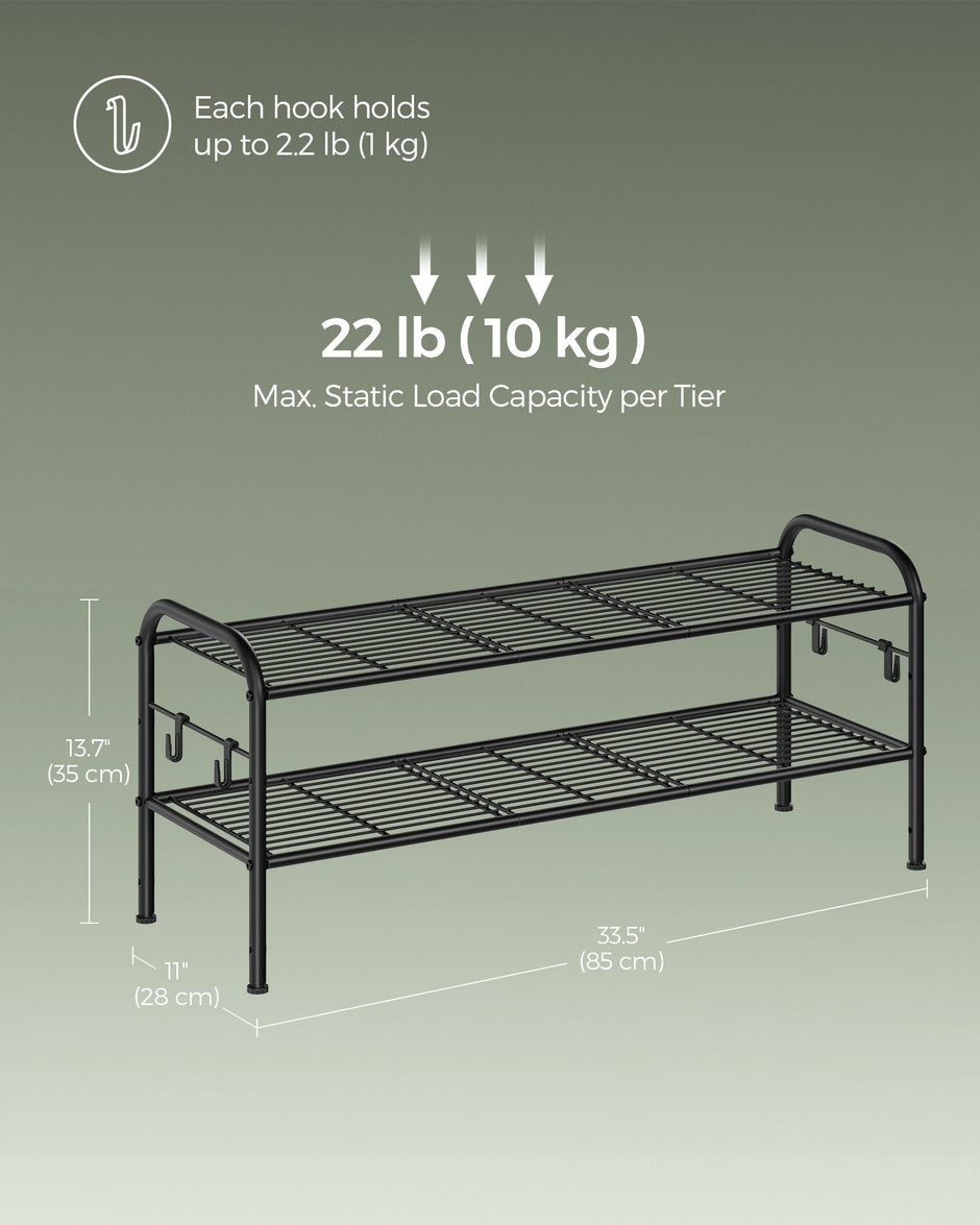 2-Tier Metal Shoe Rack – Ink Black – Height-Adjustable – 4 Hooks