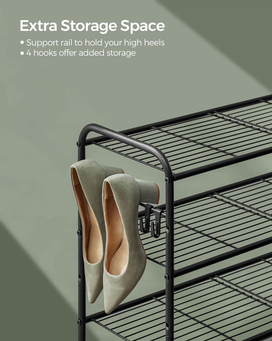 2-Tier Metal Shoe Rack – Ink Black – Height-Adjustable – 4 Hooks