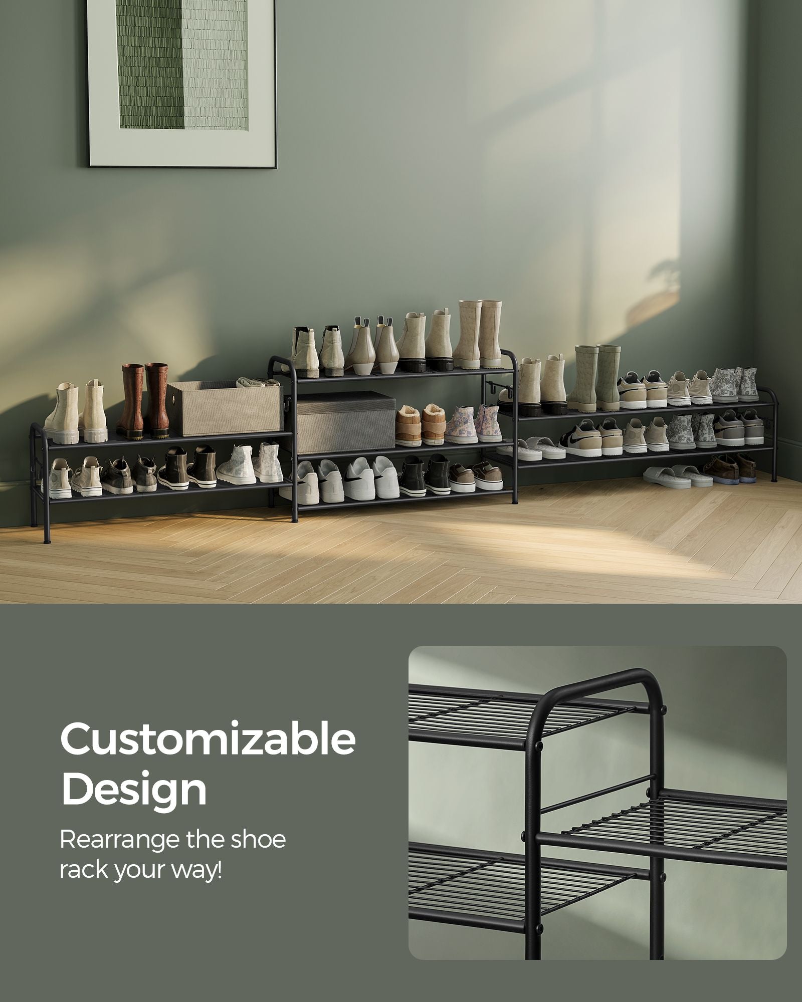 2-Tier Metal Shoe Rack – Ink Black – Height-Adjustable – 4 Hooks