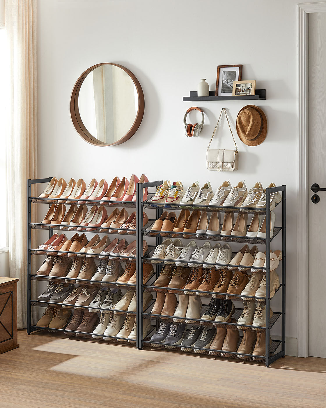 12-Tier Shoe Rack – Metal Mesh – Black – Stackable and Adjustable