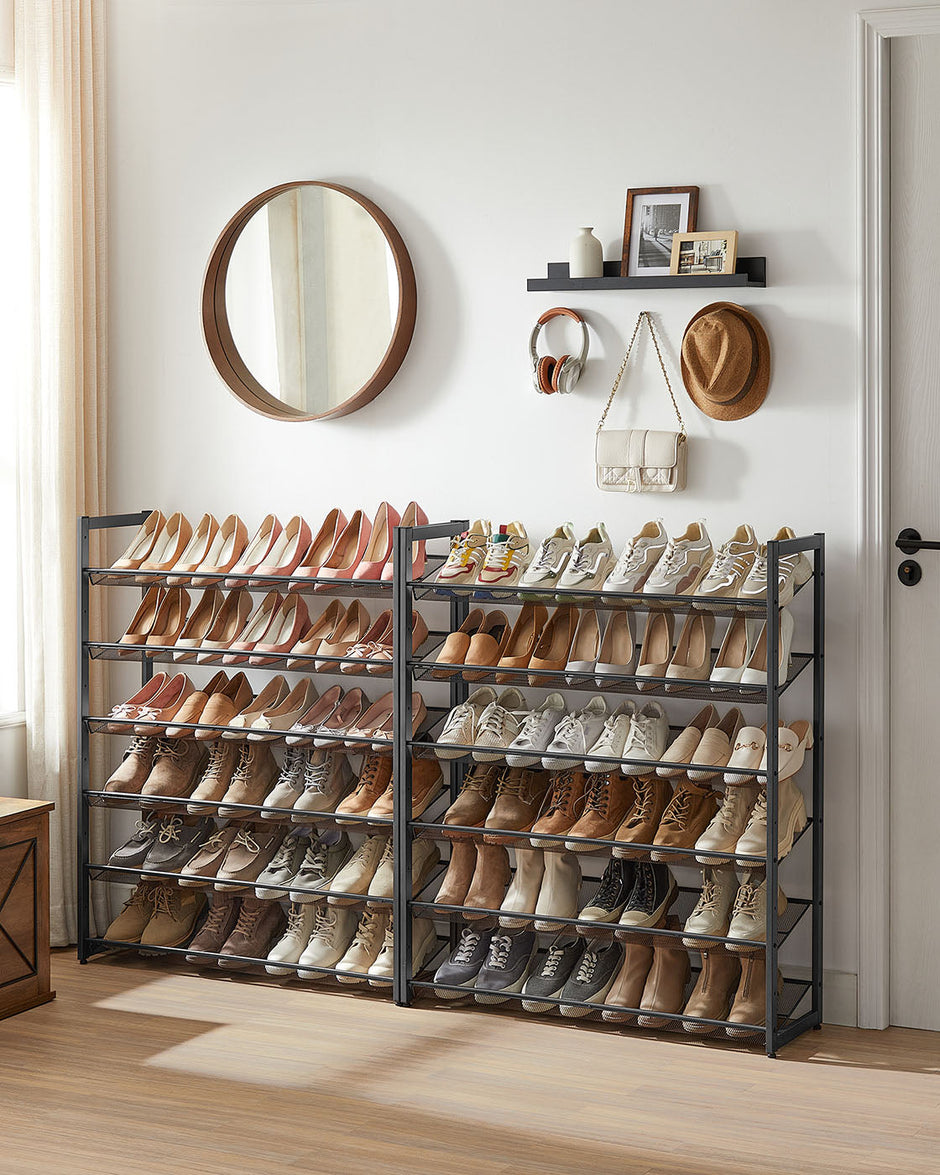 12-Tier Shoe Rack – Metal Mesh – Black – Stackable and Adjustable