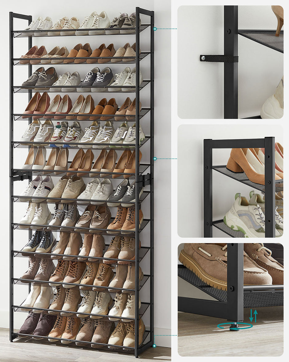 12-Tier Shoe Rack – Metal Mesh – Black – Stackable and Adjustable