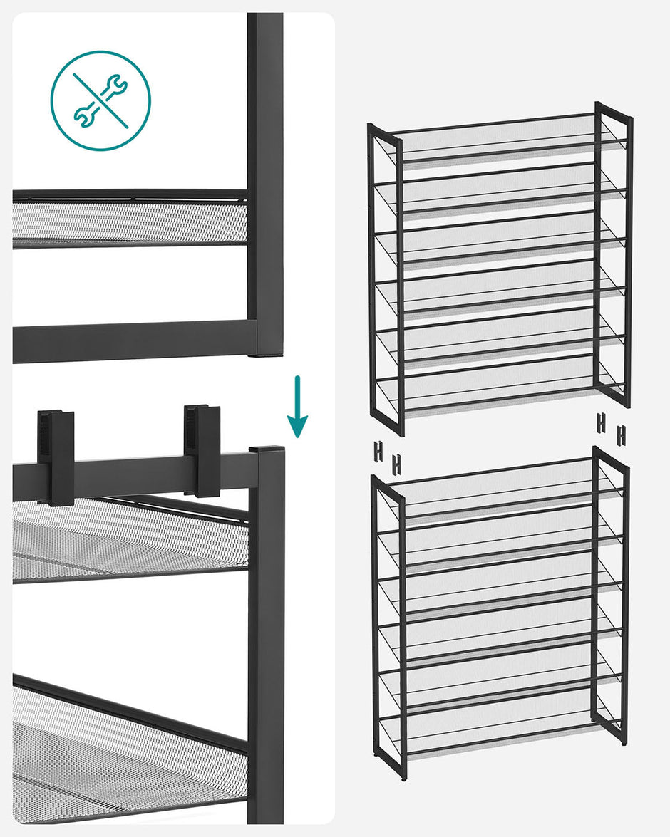 12-Tier Shoe Rack – Metal Mesh – Black – Stackable and Adjustable