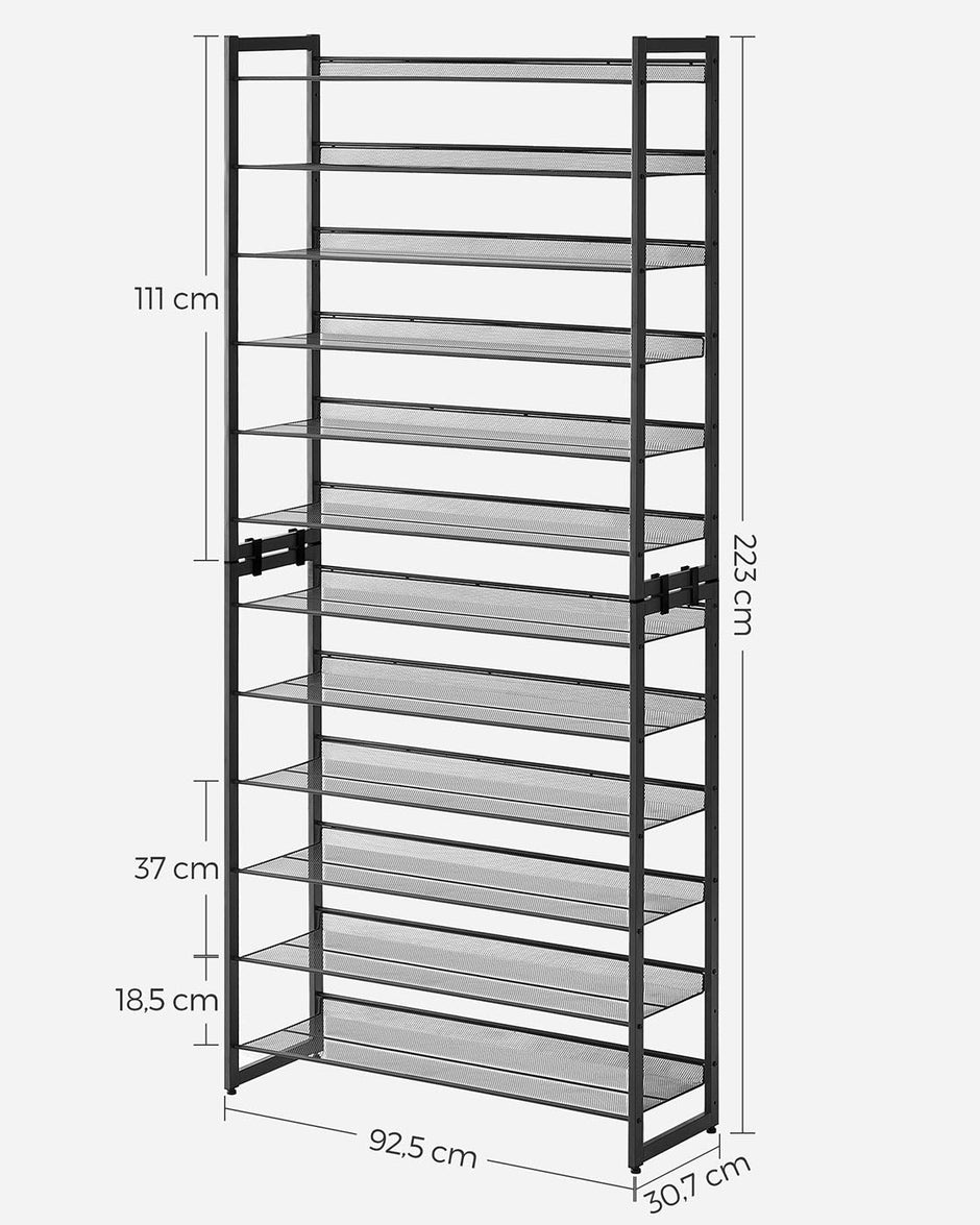 12-Tier Shoe Rack – Metal Mesh – Black – Stackable and Adjustable
