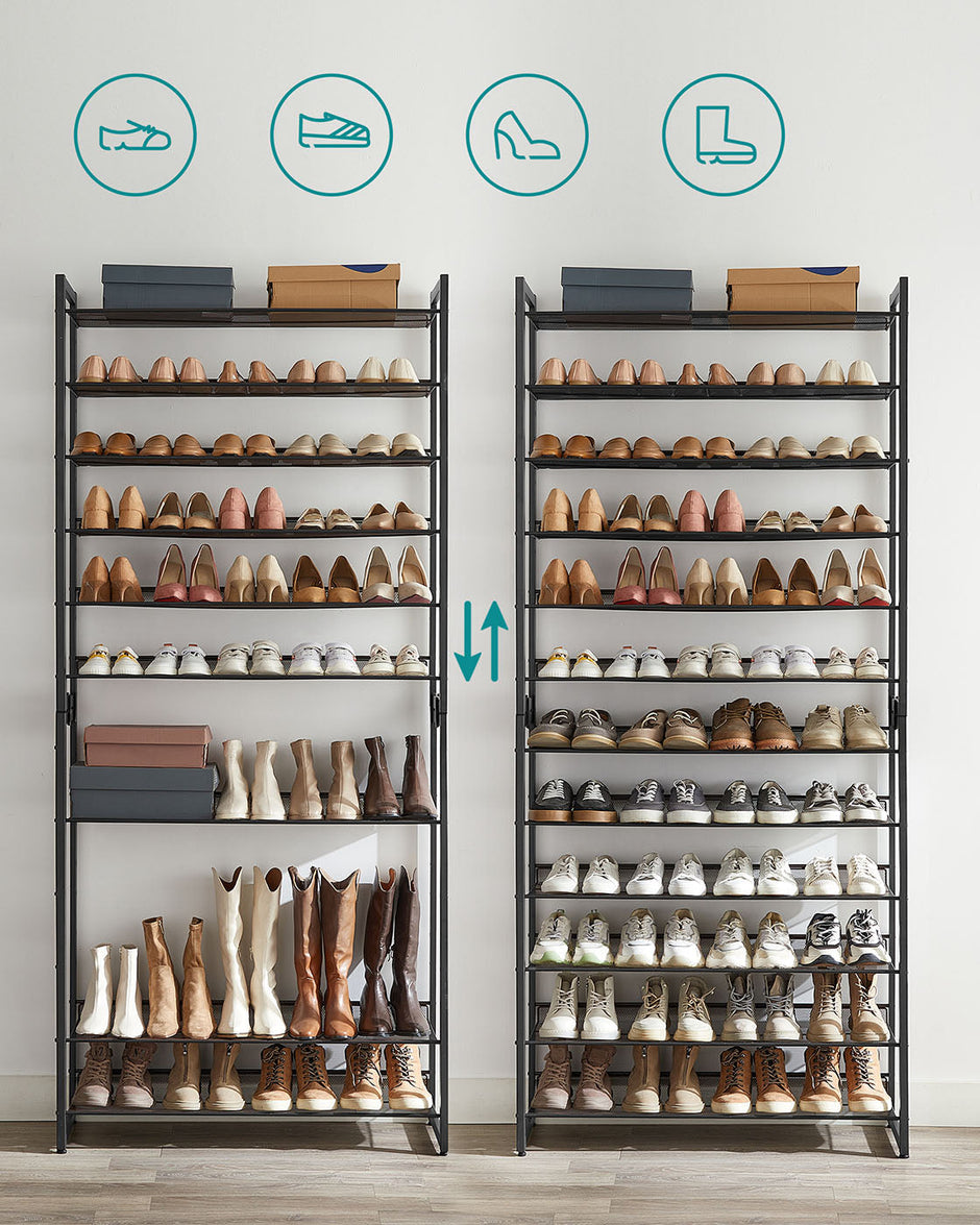 12-Tier Shoe Rack – Metal Mesh – Black – Stackable and Adjustable
