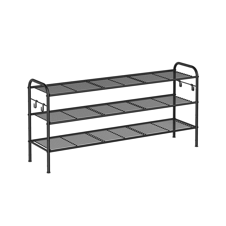 3-Tier Metal Shoe Rack – Ink Black – Height-Adjustable with 4 Side Hooks