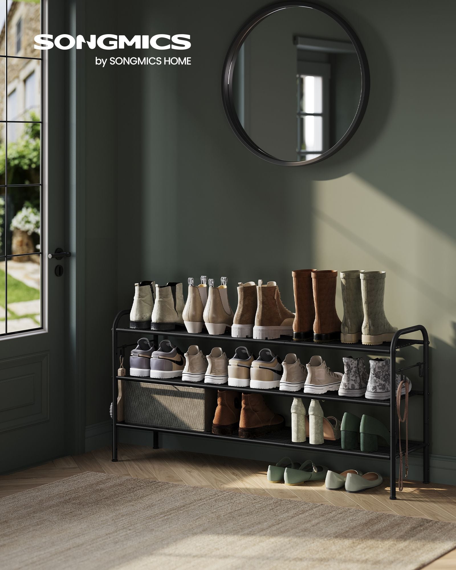 3-Tier Metal Shoe Rack – Ink Black – Height-Adjustable with 4 Side Hooks