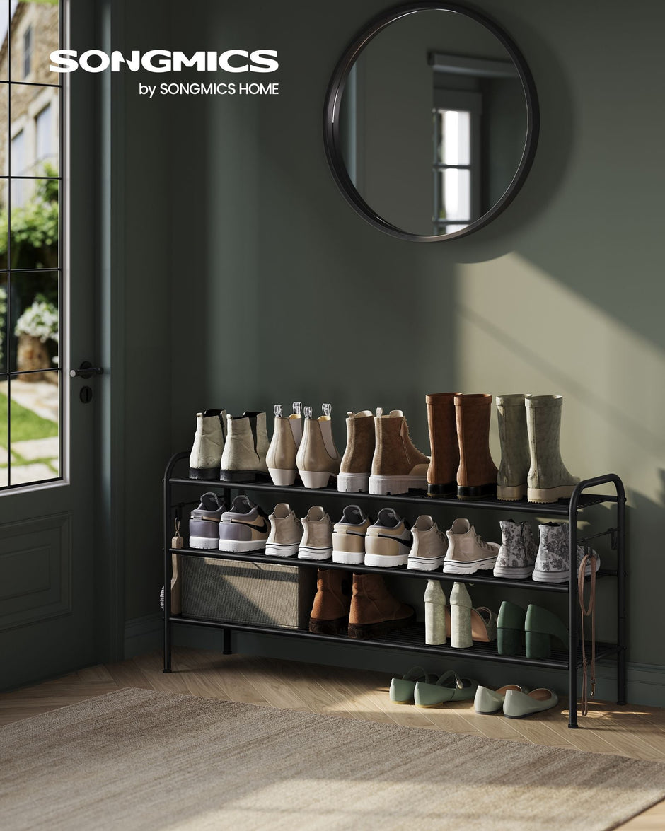 3-Tier Metal Shoe Rack – Ink Black – Height-Adjustable with 4 Side Hooks