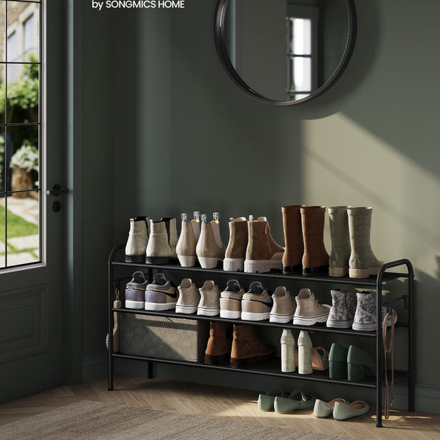 3-Tier Metal Shoe Rack – Ink Black – Height-Adjustable with 4 Side Hooks
