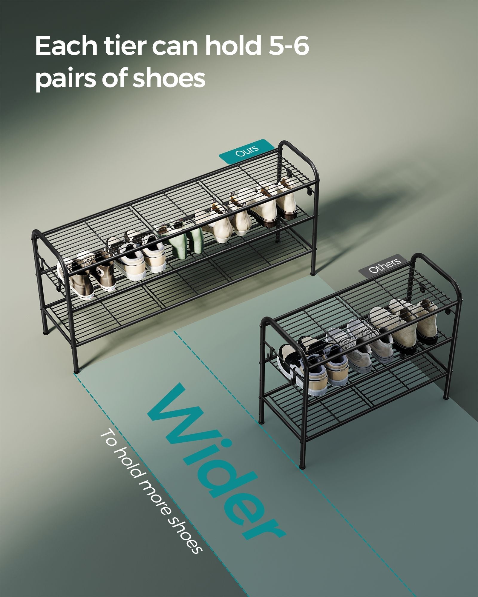 3-Tier Metal Shoe Rack – Ink Black – Height-Adjustable with 4 Side Hooks
