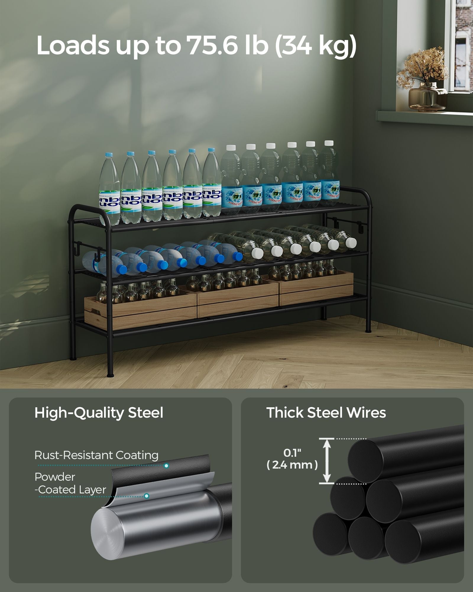 3-Tier Metal Shoe Rack – Ink Black – Height-Adjustable with 4 Side Hooks