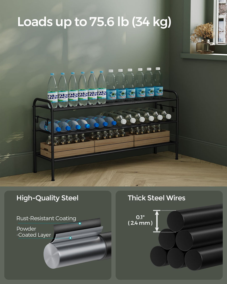 3-Tier Metal Shoe Rack – Ink Black – Height-Adjustable with 4 Side Hooks