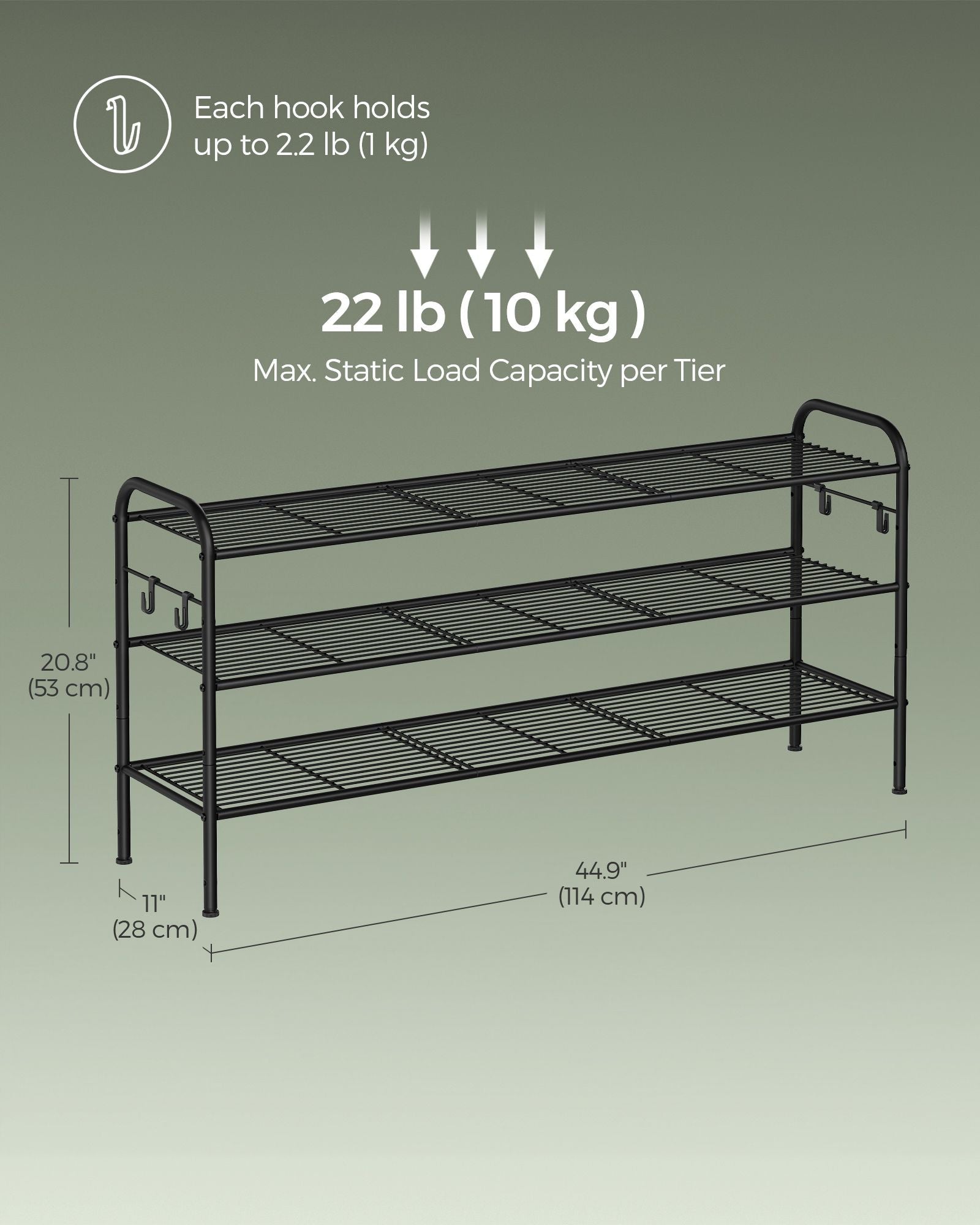 3-Tier Metal Shoe Rack – Ink Black – Height-Adjustable with 4 Side Hooks