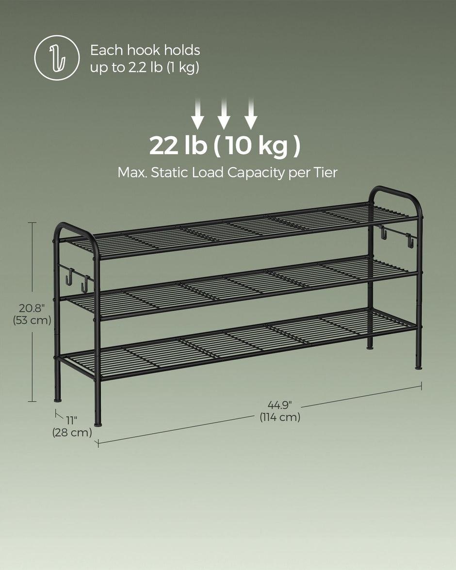 3-Tier Metal Shoe Rack – Ink Black – Height-Adjustable with 4 Side Hooks