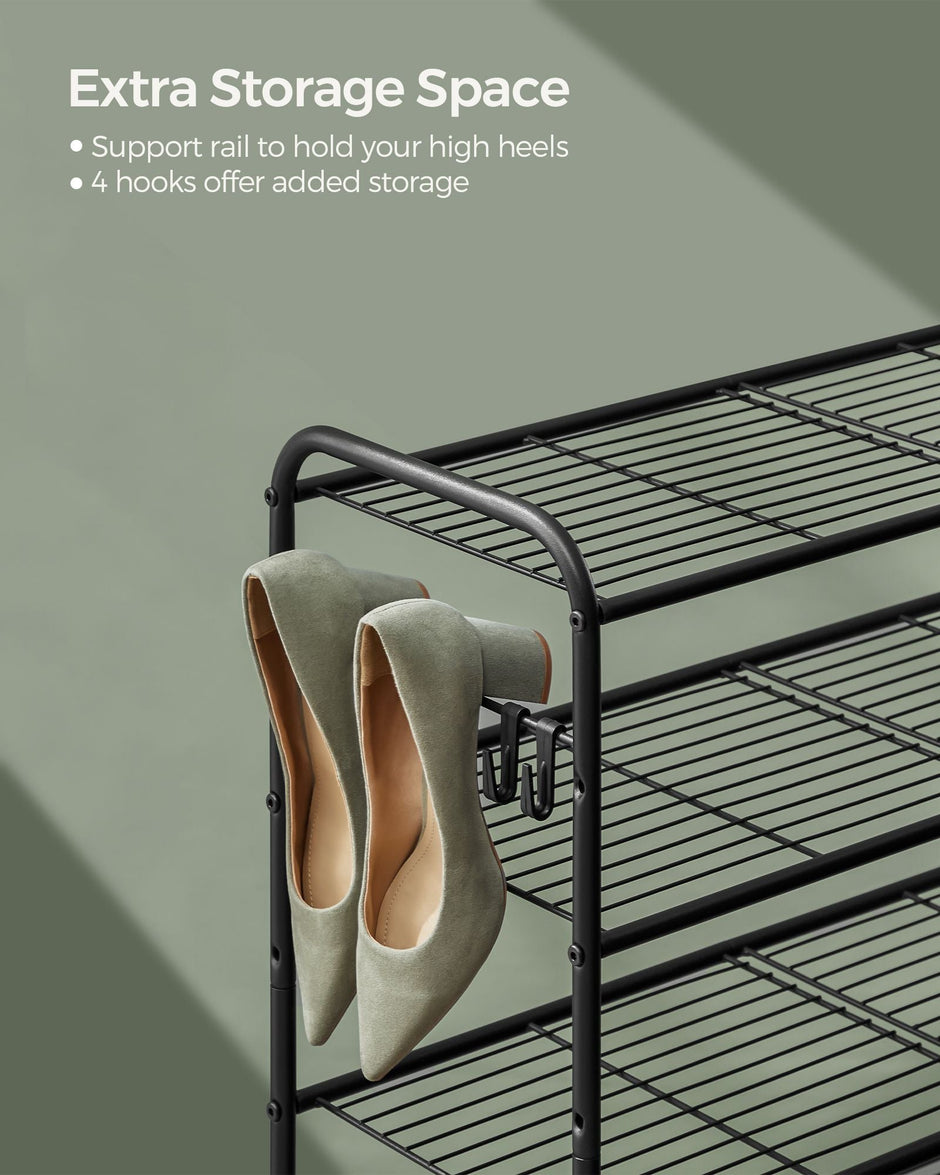 3-Tier Metal Shoe Rack – Ink Black – Height-Adjustable with 4 Side Hooks