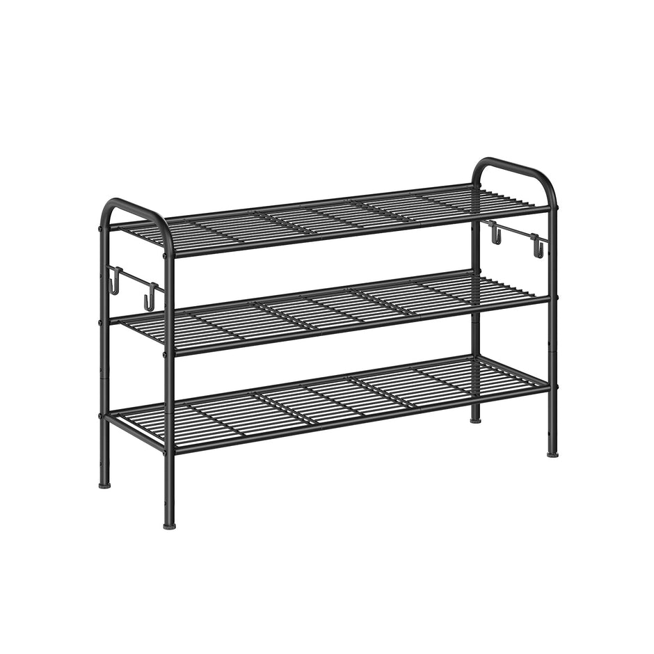 3-Tier Metal Shoe Rack – Ink Black – Height-Adjustable with 4 Hooks