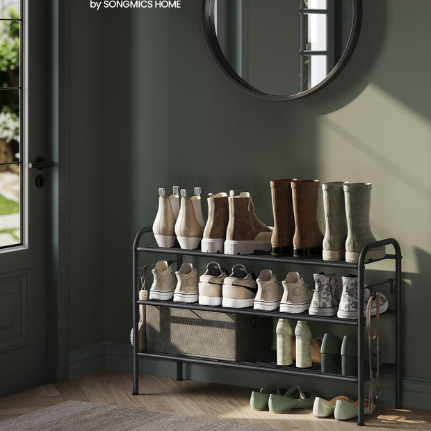 3-Tier Metal Shoe Rack – Ink Black – Height-Adjustable with 4 Hooks