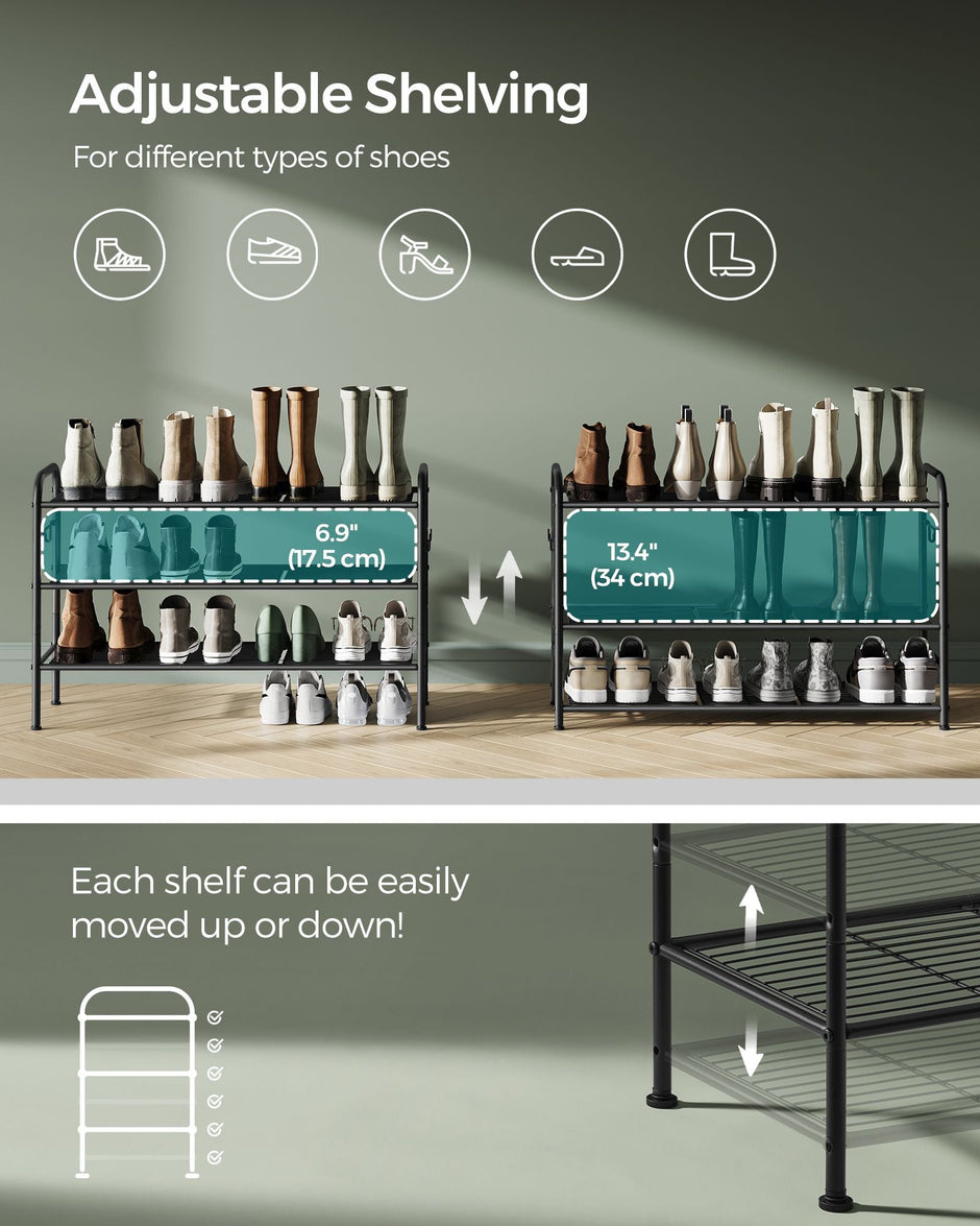 3-Tier Metal Shoe Rack – Ink Black – Height-Adjustable with 4 Hooks