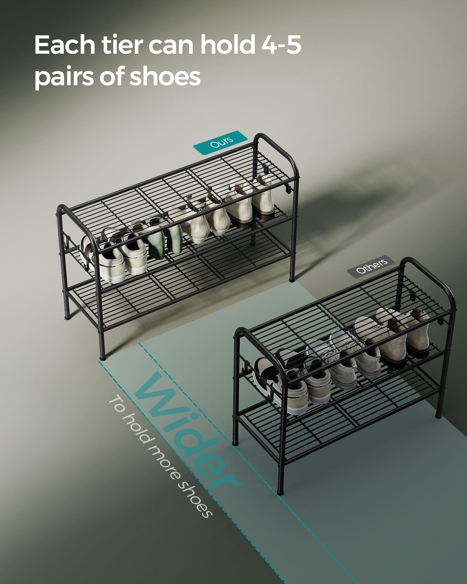 3-Tier Metal Shoe Rack – Ink Black – Height-Adjustable with 4 Hooks