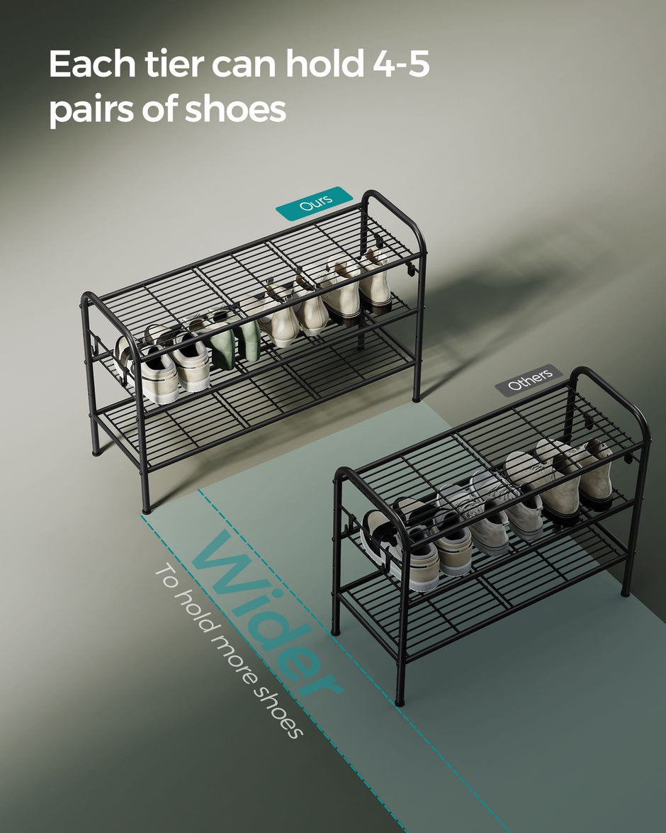 3-Tier Metal Shoe Rack – Ink Black – Height-Adjustable with 4 Hooks