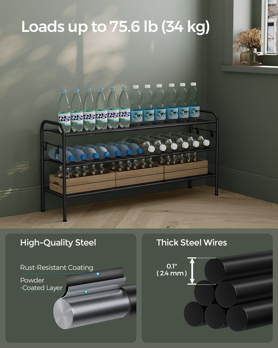 3-Tier Metal Shoe Rack – Ink Black – Height-Adjustable with 4 Hooks