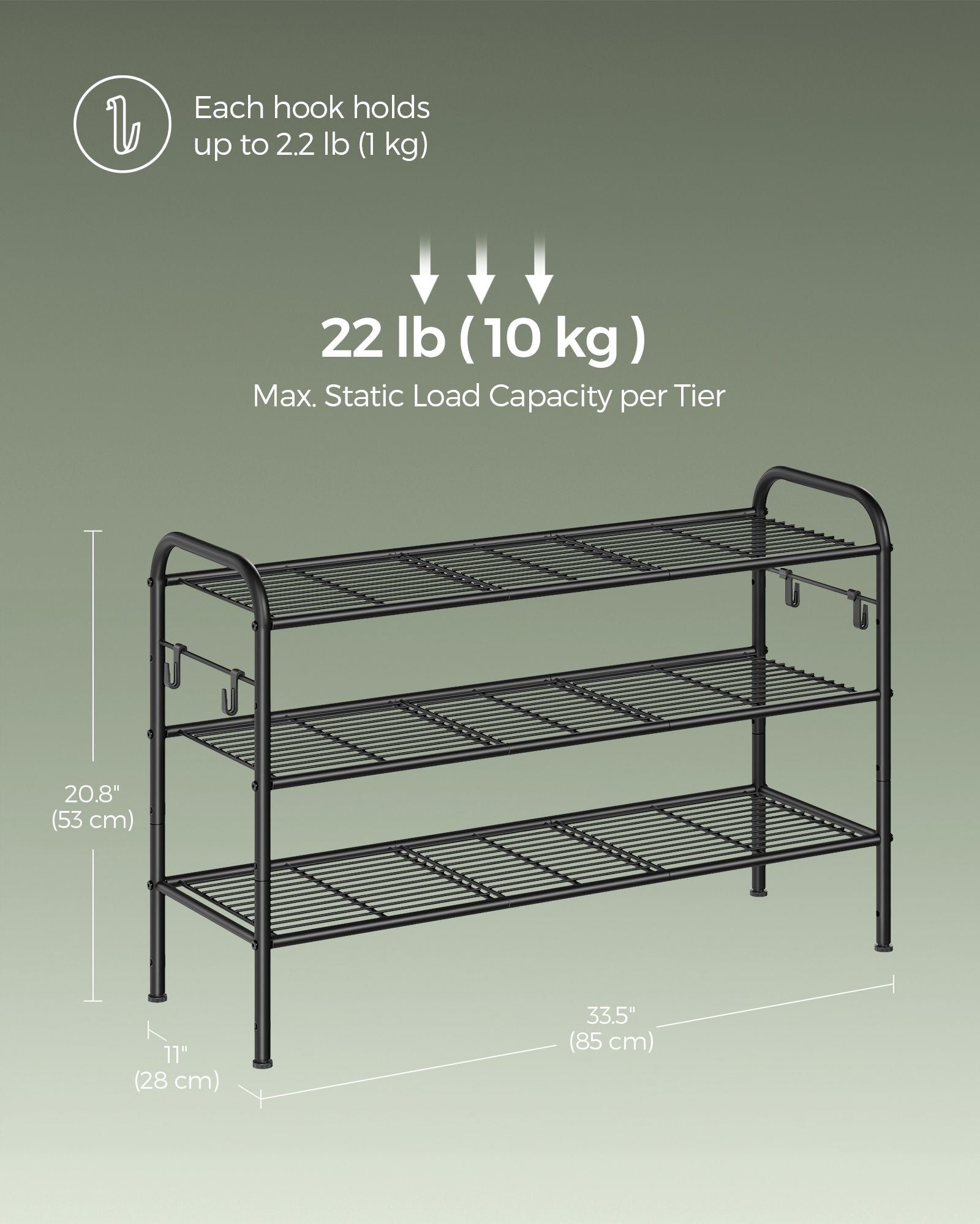 3-Tier Metal Shoe Rack – Ink Black – Height-Adjustable with 4 Hooks