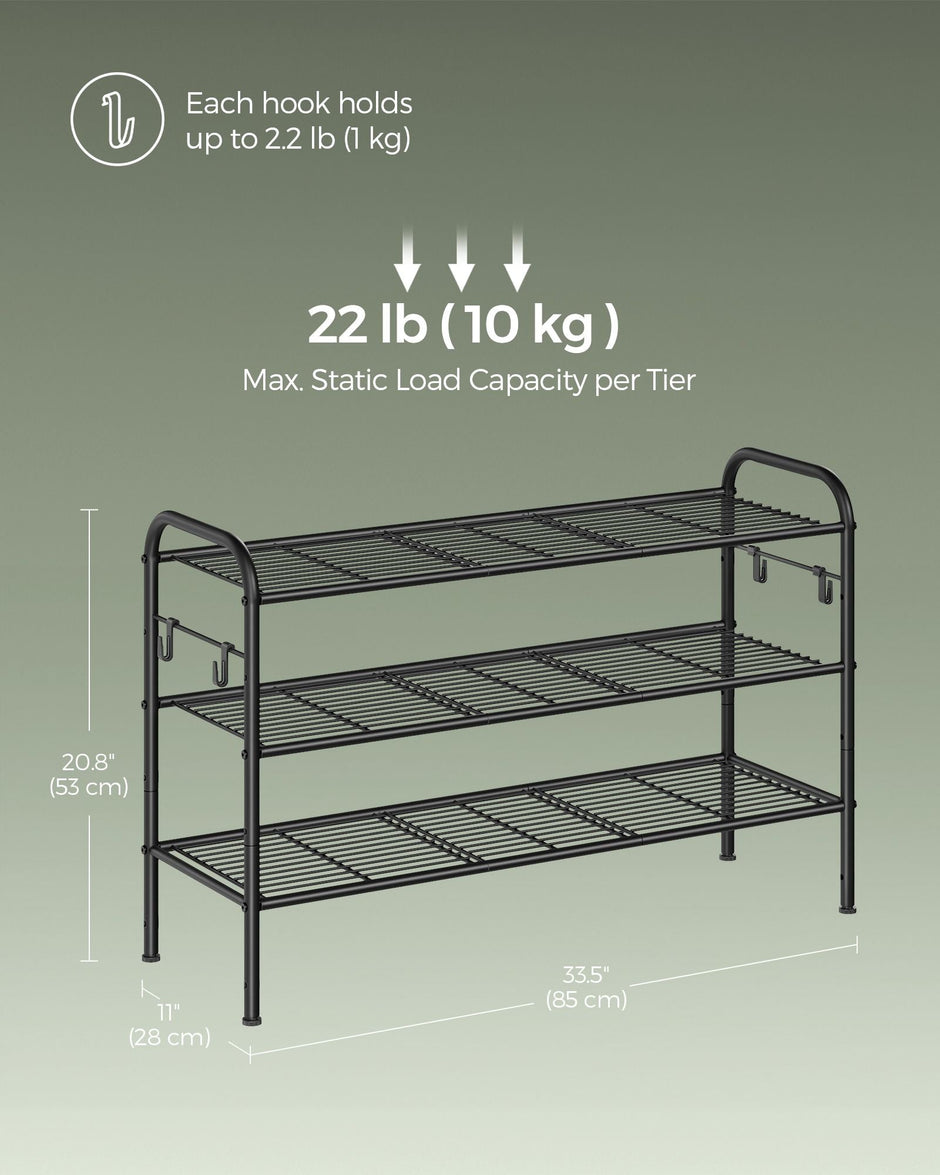 3-Tier Metal Shoe Rack – Ink Black – Height-Adjustable with 4 Hooks