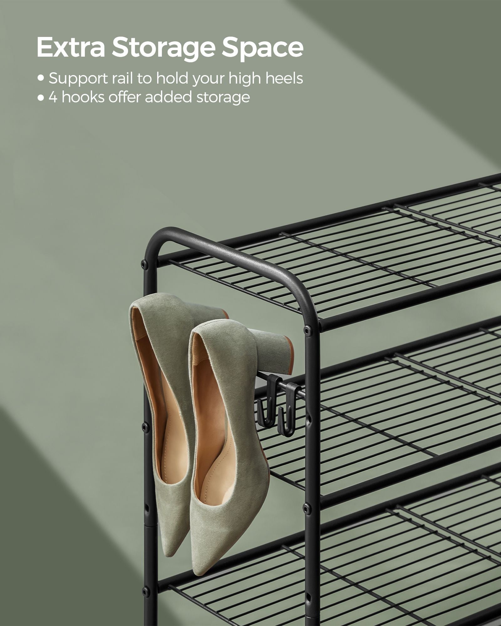 3-Tier Metal Shoe Rack – Ink Black – Height-Adjustable with 4 Hooks