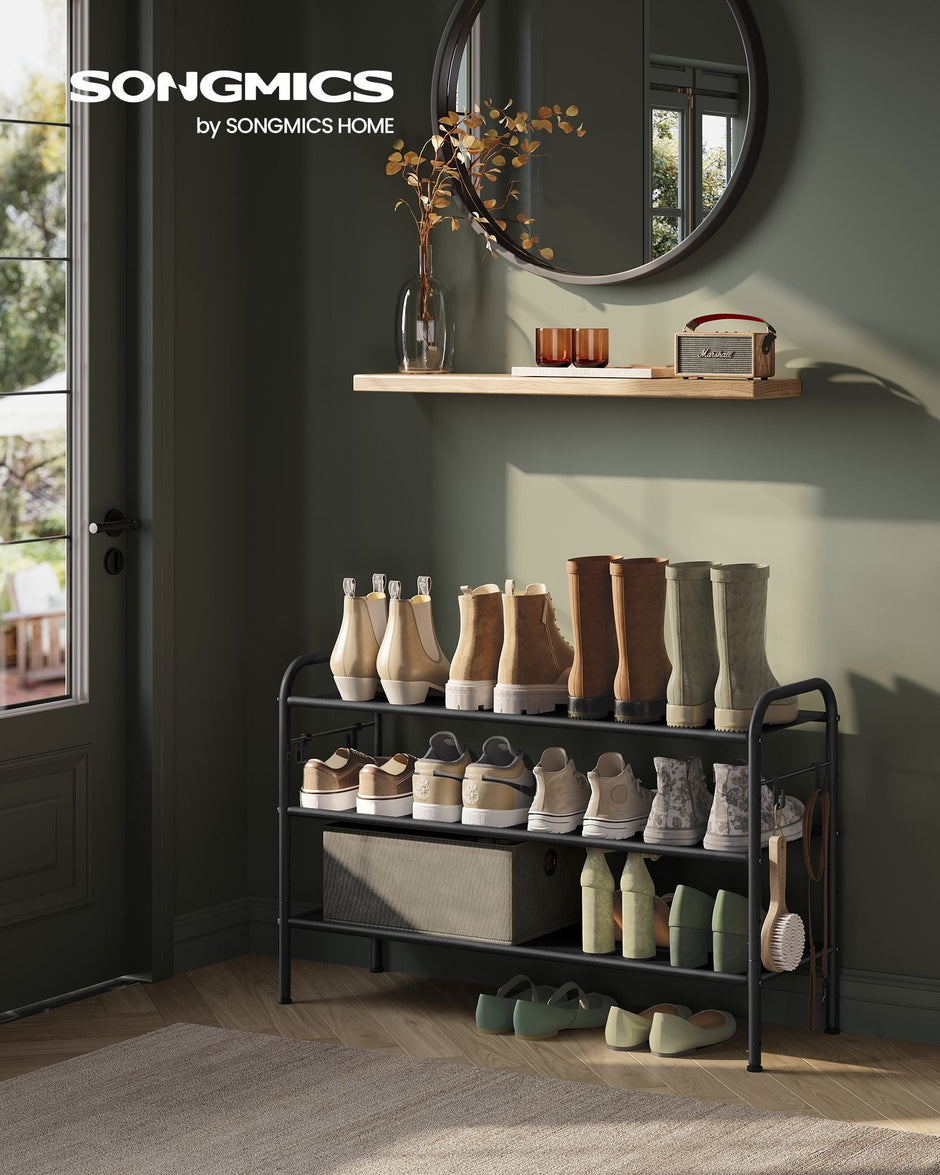 3-Tier Shoe Rack – Fabric – Ink Black – Height-Adjustable with 4 Hooks, Holds up to 12 Pairs of Shoes