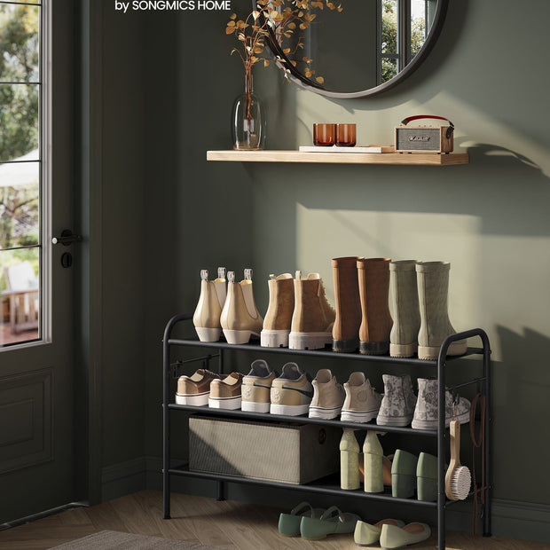 3-Tier Shoe Rack – Fabric – Ink Black – Height-Adjustable with 4 Hooks, Holds up to 12 Pairs of Shoes