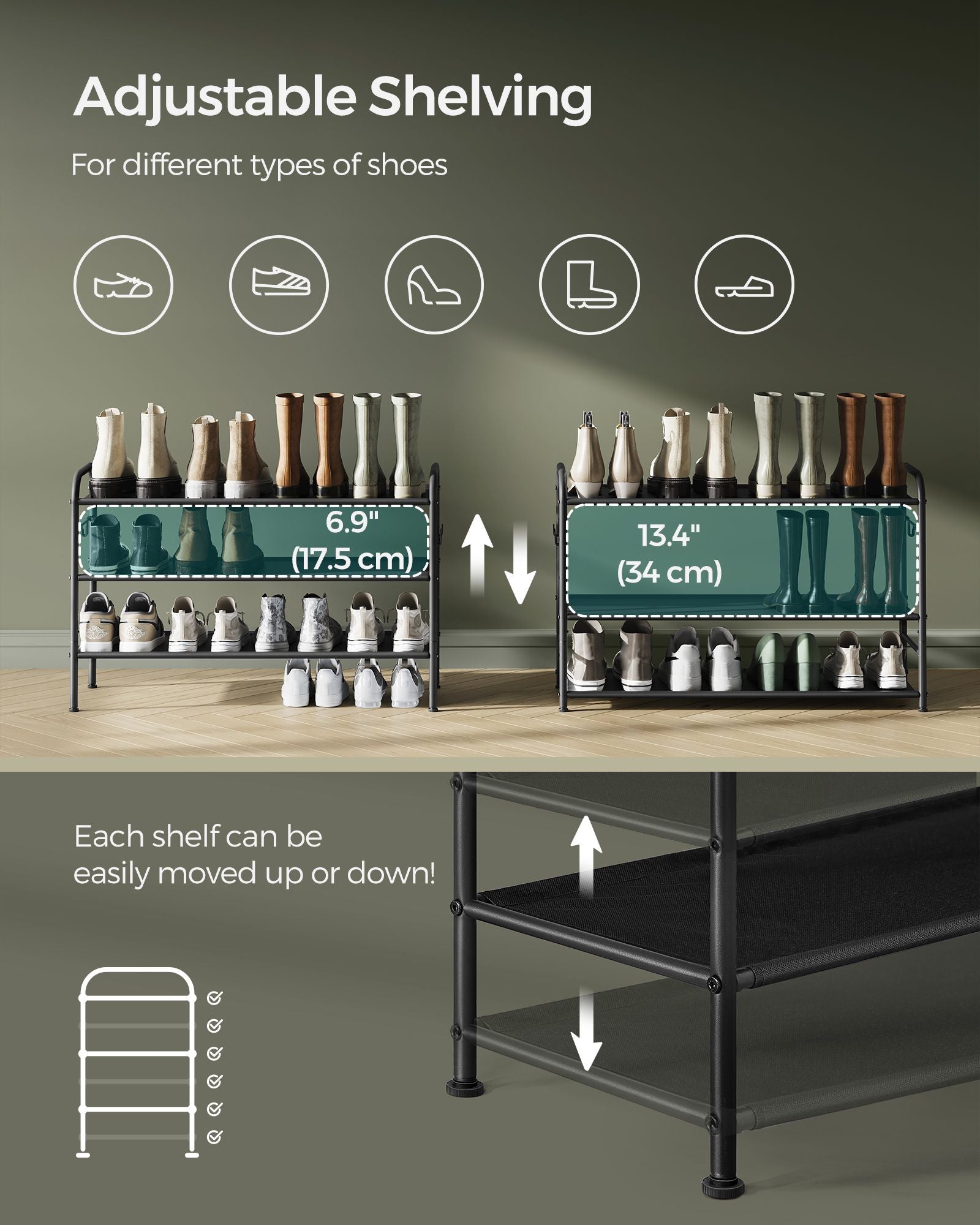 3-Tier Shoe Rack – Fabric – Ink Black – Height-Adjustable with 4 Hooks, Holds up to 12 Pairs of Shoes