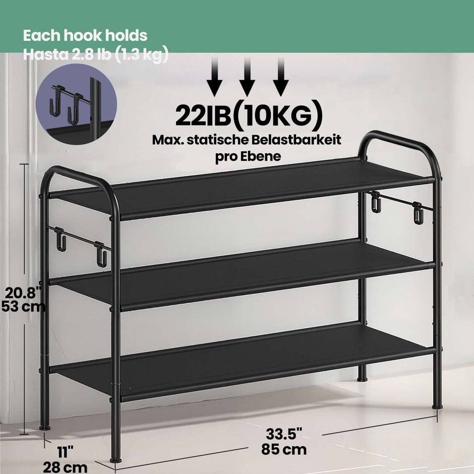 3-Tier Shoe Organizer – Fabric – Neutral Color – Adjustable Height with 4 Hooks, Holds up to 15 Pairs of Shoes