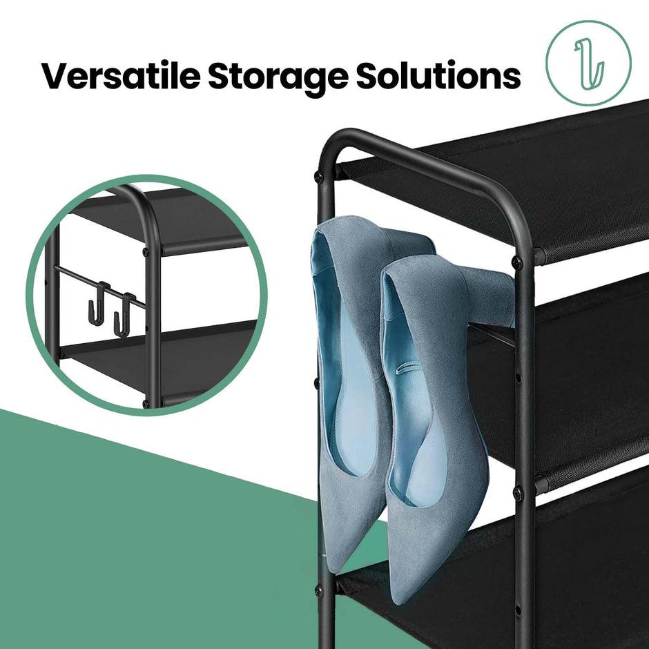 3-Tier Shoe Organizer – Fabric – Neutral Color – Adjustable Height with 4 Hooks, Holds up to 15 Pairs of Shoes