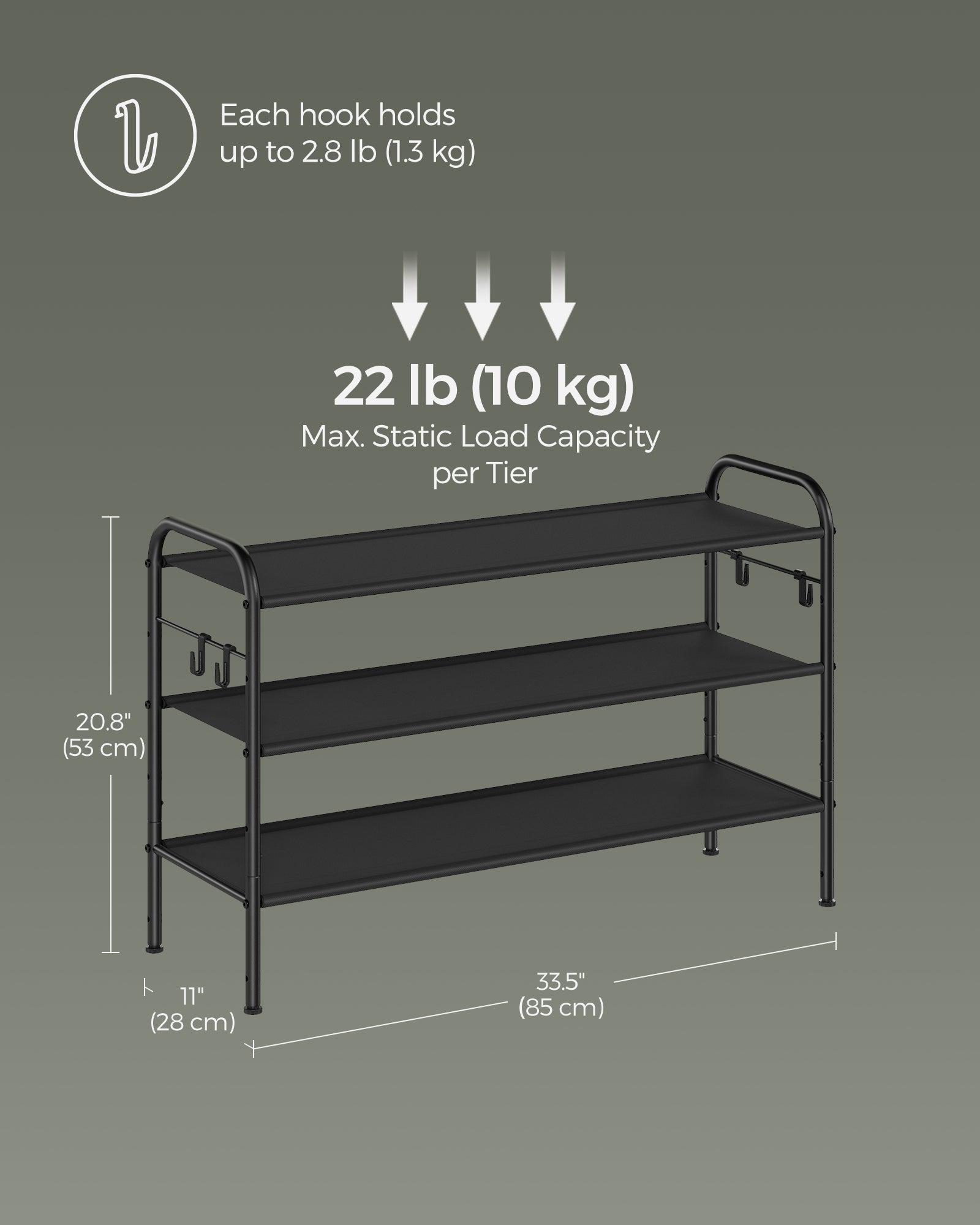 3-Tier Shoe Rack – Fabric – Ink Black – Height-Adjustable with 4 Hooks, Holds up to 12 Pairs of Shoes