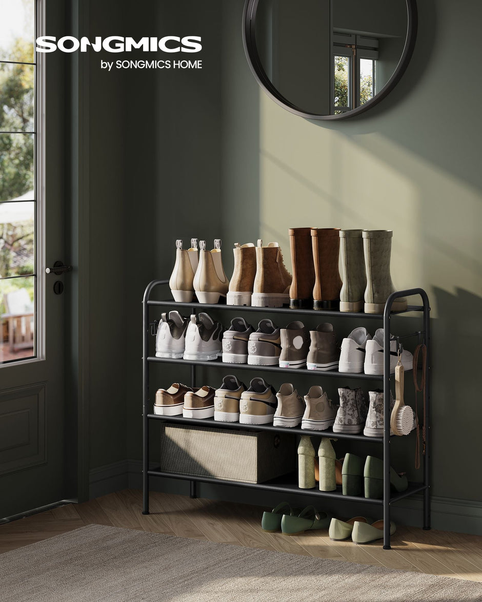 4-Tier Shoe Rack – Fabric – Ink Black – Height-Adjustable with 4 Hooks