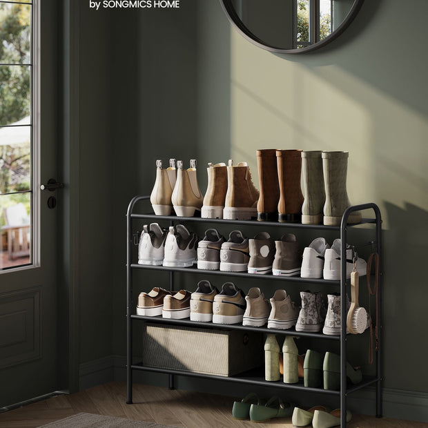 4-Tier Shoe Rack – Fabric – Ink Black – Height-Adjustable with 4 Hooks