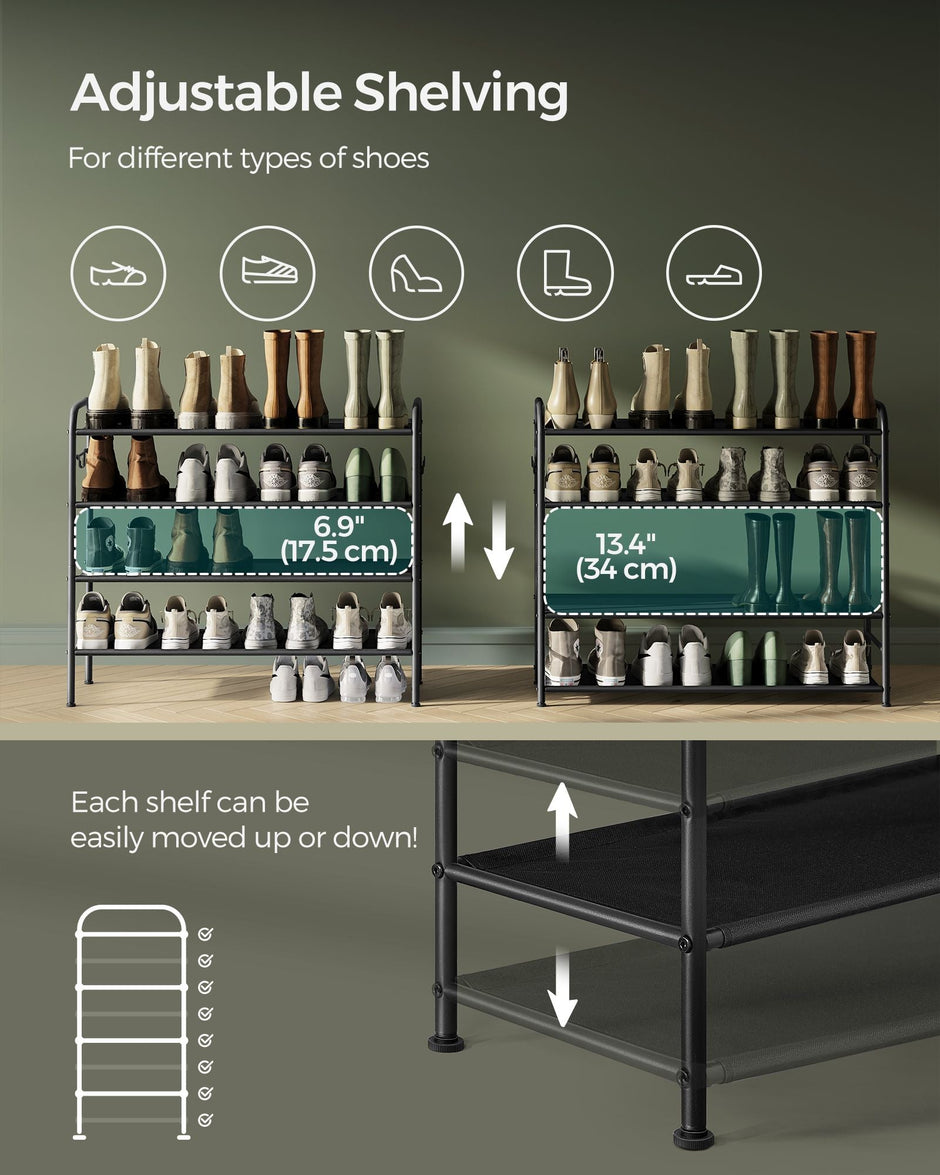 4-Tier Shoe Rack – Fabric – Ink Black – Height-Adjustable with 4 Hooks