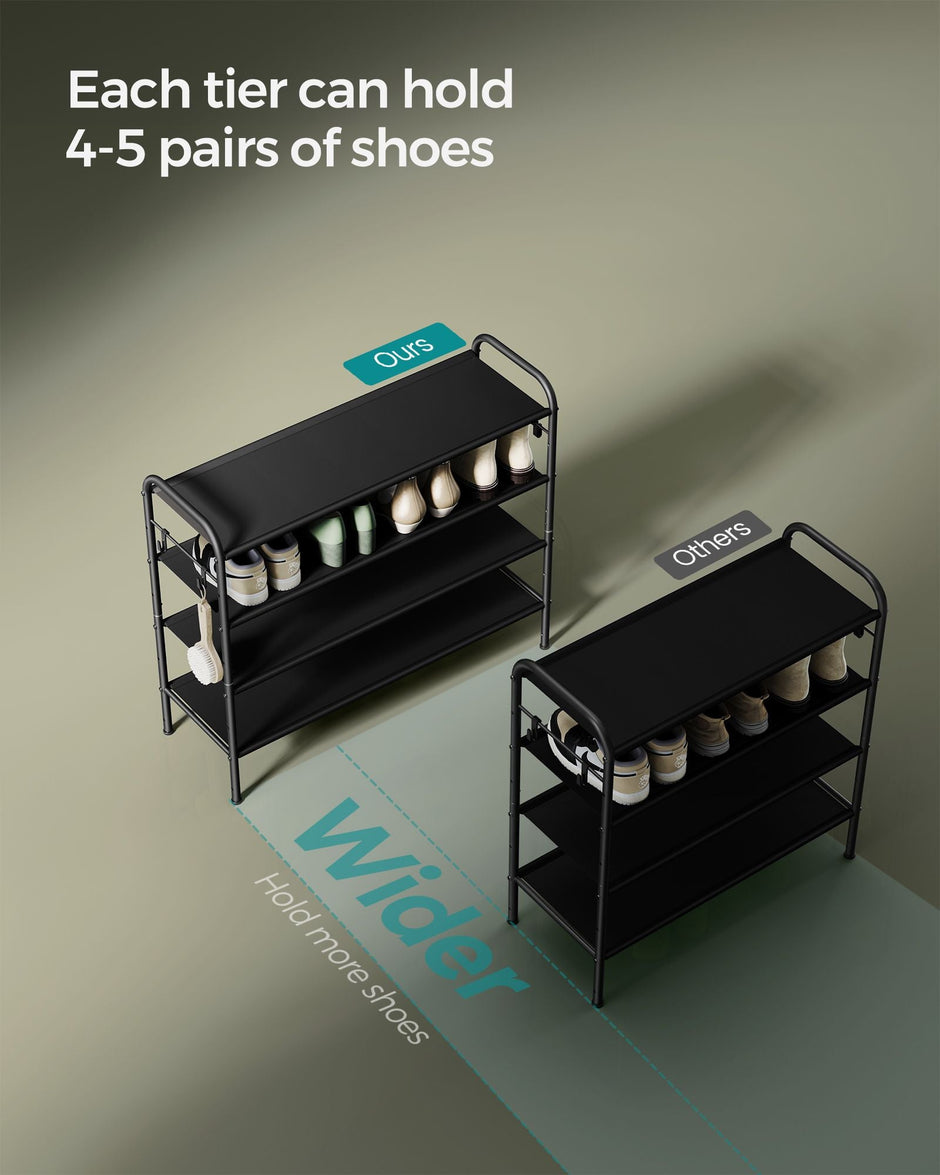 4-Tier Shoe Rack – Fabric – Ink Black – Height-Adjustable with 4 Hooks