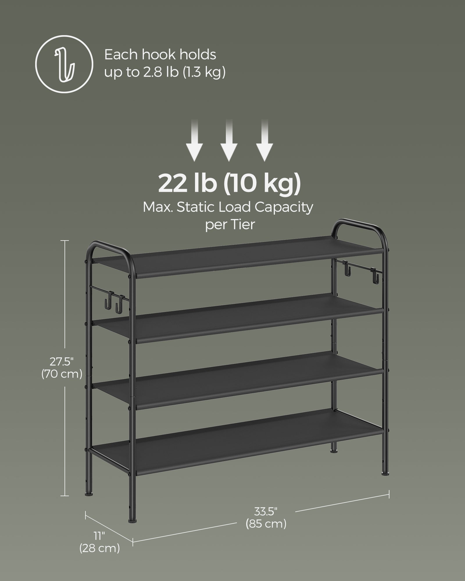 4-Tier Shoe Rack – Fabric – Ink Black – Height-Adjustable with 4 Hooks