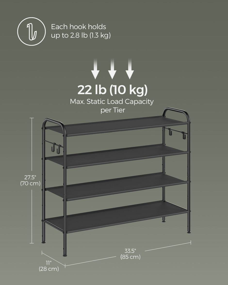4-Tier Shoe Rack – Fabric – Ink Black – Height-Adjustable with 4 Hooks