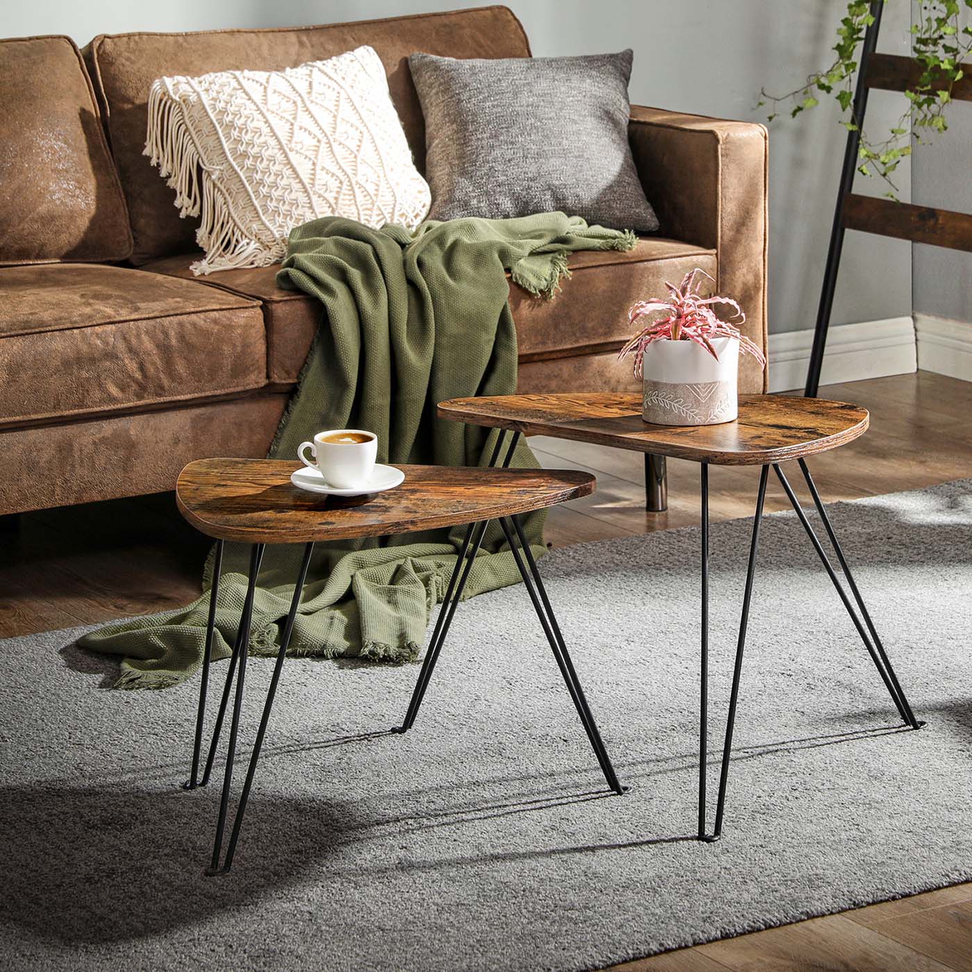 Nesting Side Tables – Wood and Metal – Rustic Brown and Black – Industrial Style
