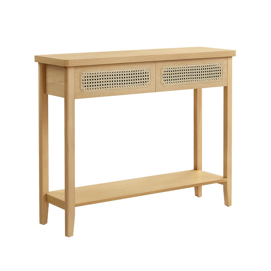 Console Table – Oak – Beige – 2 Drawers with Open Shelf, Rounded Corners, Boho Style
