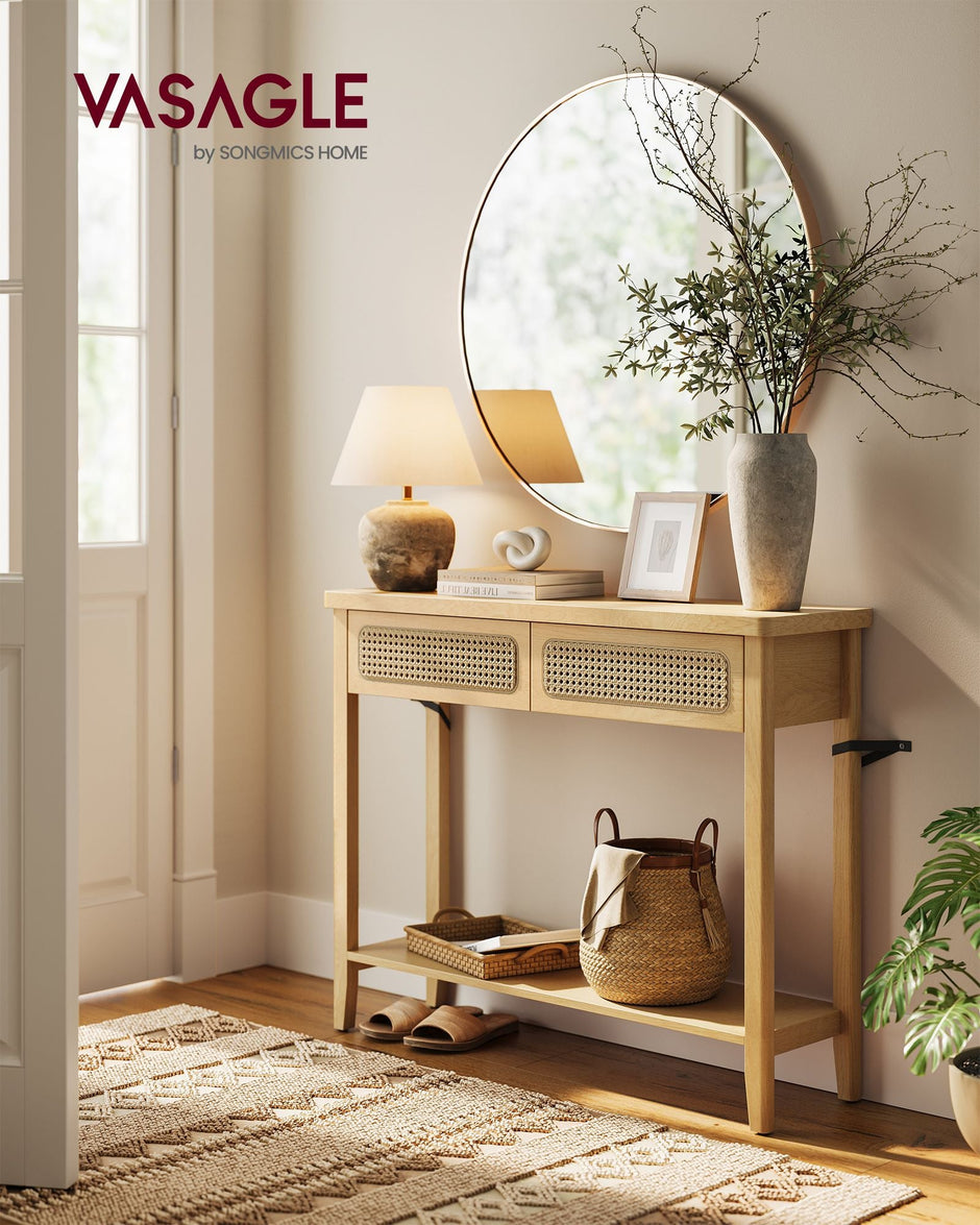 Console Table – Oak – Beige – 2 Drawers with Open Shelf, Rounded Corners, Boho Style